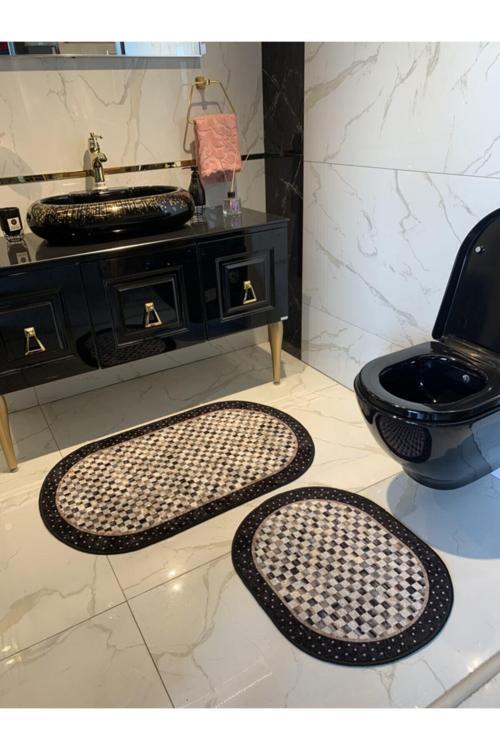 Minares Model Dama Desen 2'Li Lateks Taban Banyo Paspas Takımı (60X100 - 60X50) Siyah-Kahverengi