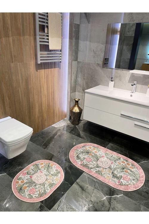 2 Li Çiçek Desenli 60X100 - 60X50 Botanic Lateks Taban Banyo Paspas