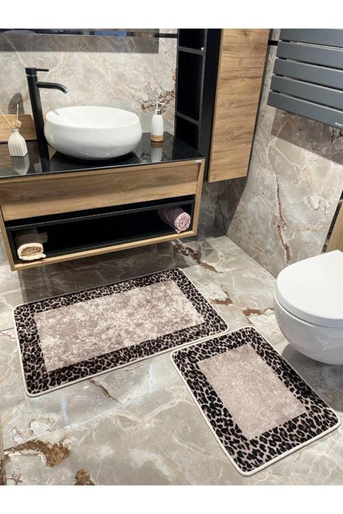 2 'Li Leopar Desen Banyo Paspası - Kahverengi Ebat (60X100 - 60X50)