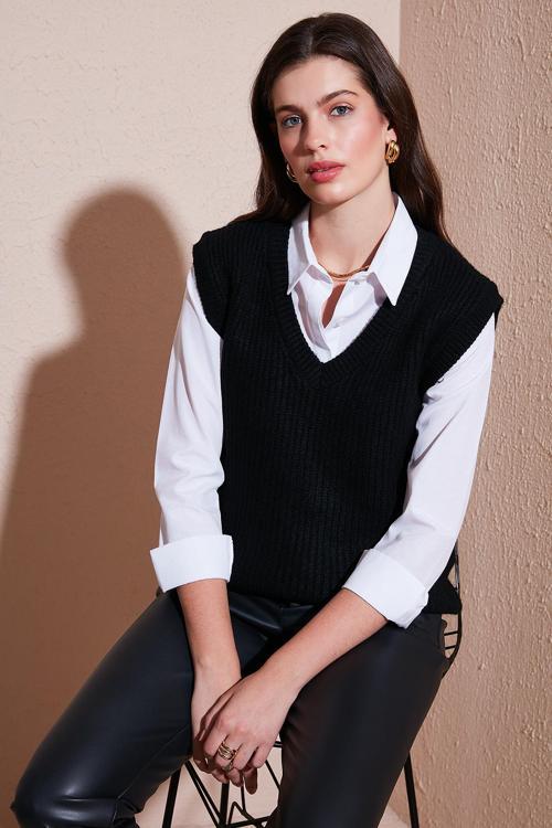 V Yaka Örme Triko Bayan Süveter 4616105Y SİYAH