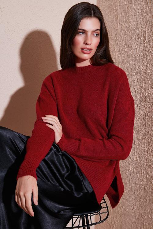 Rahat Kesim Yırtmaç Detaylı Bisiklet Yaka Bayan Kazak 4616142Y KIRMIZI