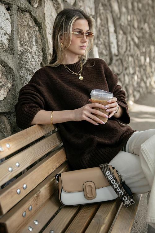 Regular Fit Bisiklet Yaka Basic Triko Bayan Kazak 4616213 KAHVE