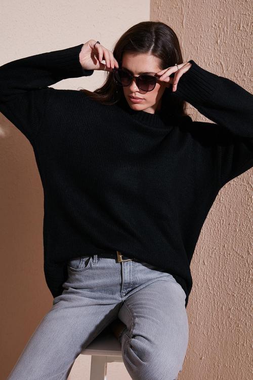 Regular Fit Bisiklet Yaka Basic Triko Bayan Kazak 4616213 SİYAH