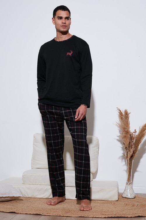 Pamuklu Regular Fit Bisiklet Yaka Ekoseli Erkek Pijama Takımı 6574001 SİYAH