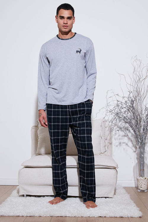 Pamuklu Regular Fit Bisiklet Yaka Ekoseli Erkek Pijama Takımı 6574001 GRİ