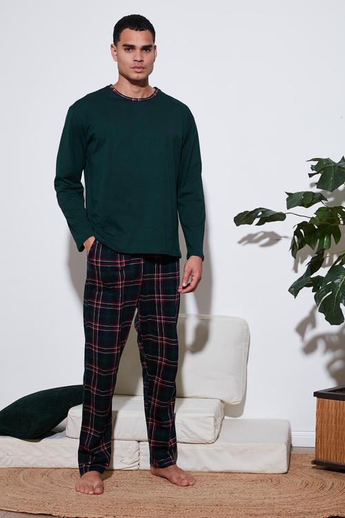 Pamuklu Regular Fit Bisiklet Yaka Ekoseli Erkek Pijama Takımı 6574001 YEŞİL