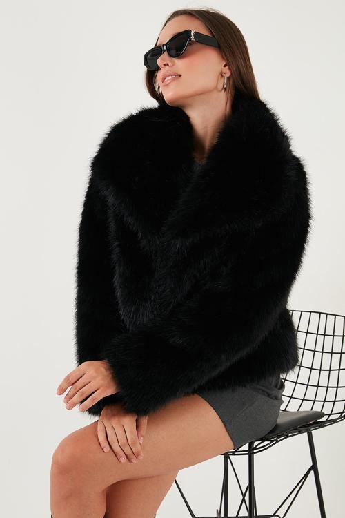 Oversize Fit Gömlek Yaka Cepli Astarlı  Mont Bayan Kürk 497BERRY SİYAH