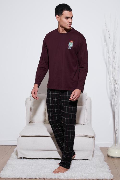 Ekoseli Regular Fit Yüksek Bel Cepli Bisiklet Yaka Erkek Pijama Takımı 6574002 SİYAH-BORDO