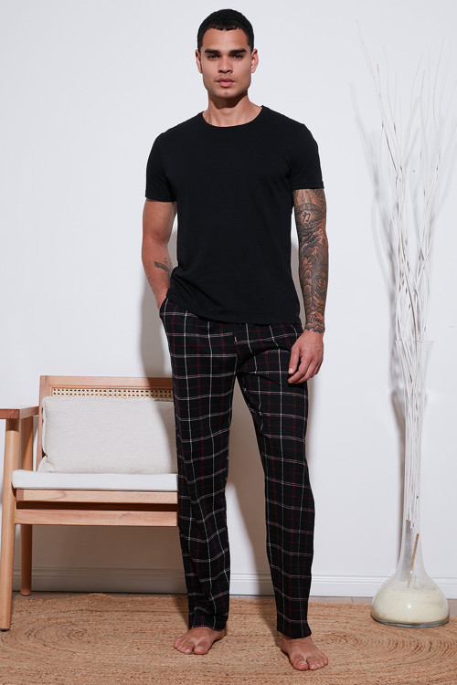 Pamuklu Regular Fit Normal Bel Düz Paça Cepli Erkek Pijama Altı 6574003 SİYAH-BORDO