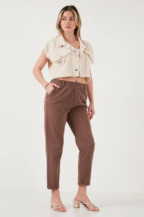 Pamuklu Standart Fit Yüksel Bel Düz Paça Bayan Pantolon 668YP4924 KAHVE