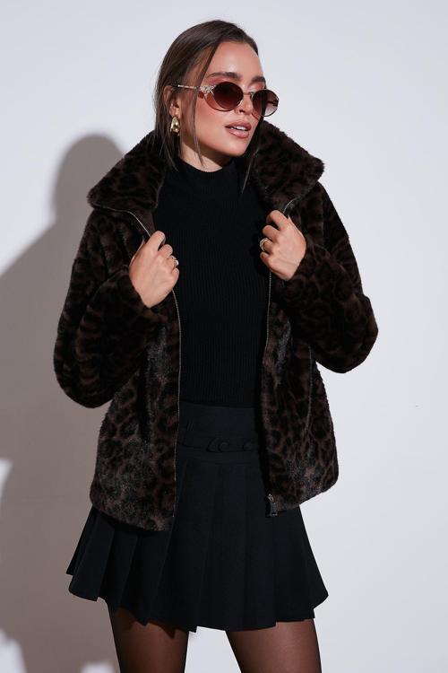 Oversize Fit Dik Yaka Fermuarlı Bayan Kürk 497ZETA LEOPAR
