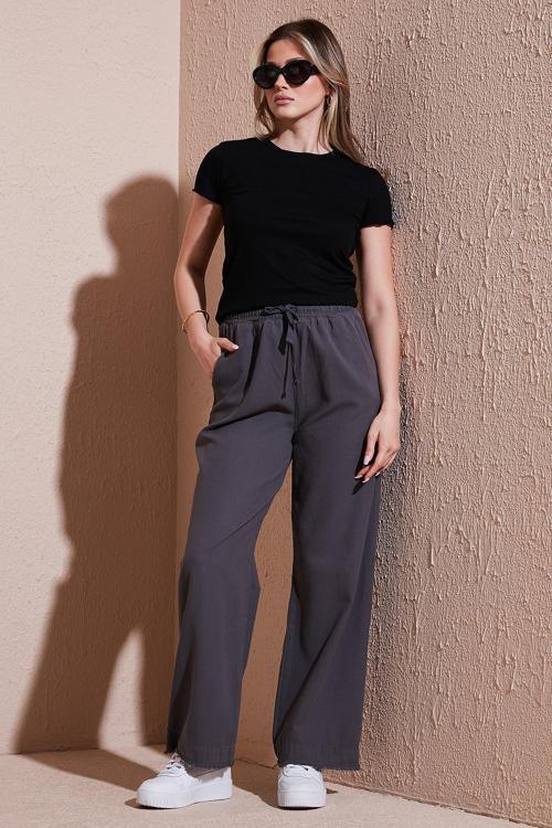 Pamuklu Relaxed Fit Yüksek Bel Geniş Paça Bayan Pantolon 668YP5275 ANTRASİT