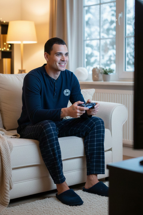 Ekoseli Yumuşak Dokulu Regular Fit Uzun Kollu Erkek Pijama Takımı 609611030 LACİVERT