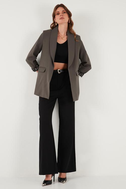 Regular Fit Klasik Yaka Desenli Astar Detaylı Blazer Bayan Ceket 6839227 KAHVE