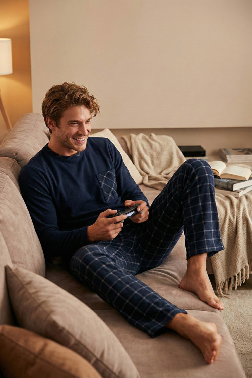 Kareli Yumuşak Dokulu Regular Fit Uzun Kollu Erkek Pijama Takımı 609611060 LACİVERT