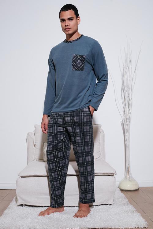 Kareli Yumuşak Dokulu Regular Fit Uzun Kollu Erkek Pijama Takımı 609611060 GRİ
