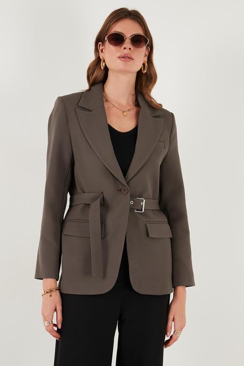 Regular Fit Kruvaze Yaka Kemerli Blazer Bayan Ceket 6839367 KAHVE