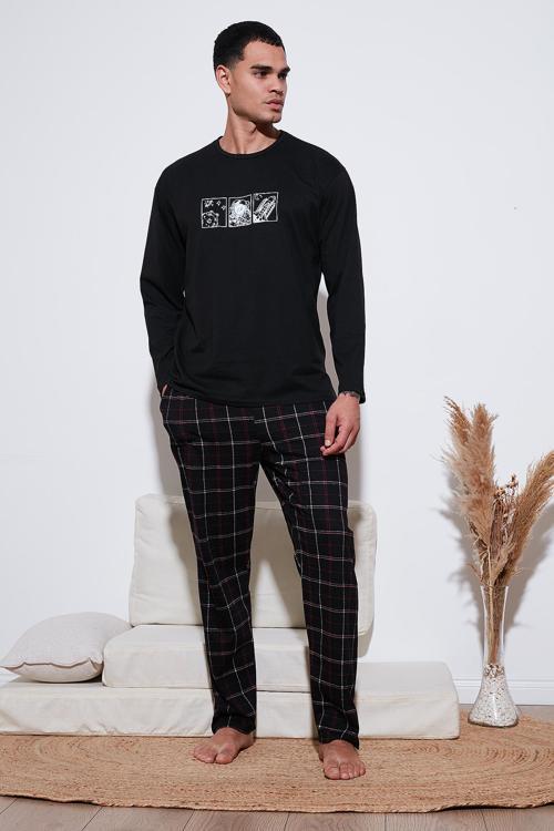 Ekoseli Pamuklu Regular Fit Yüksek Bel Bisiklet Yaka Erkek Pijama Takımı 6574000 SİYAH