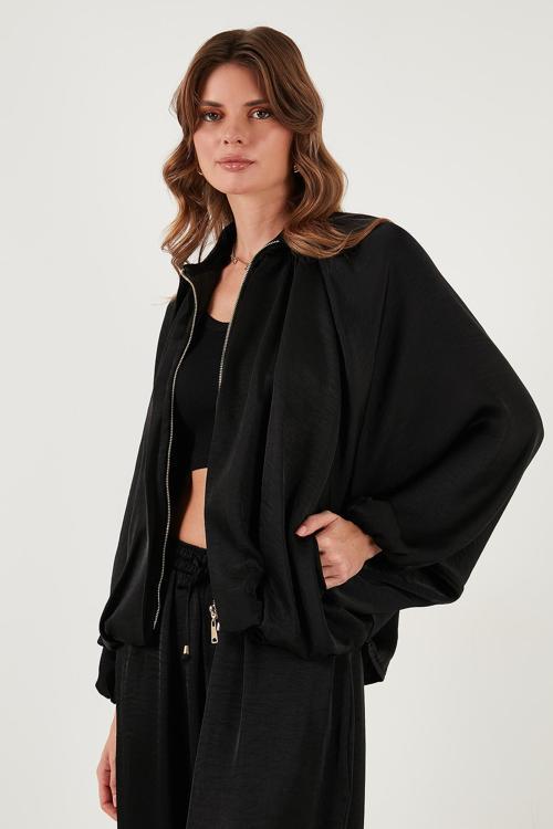 Oversize Klasik Yaka Yarasa Kol Fermuarlı Saten Bayan Ceket 6839584 SİYAH