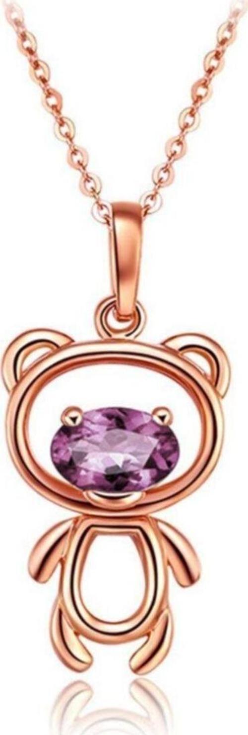 Ayıcık Gümüş Minik Kolye Rose Renk Mor Taşlı