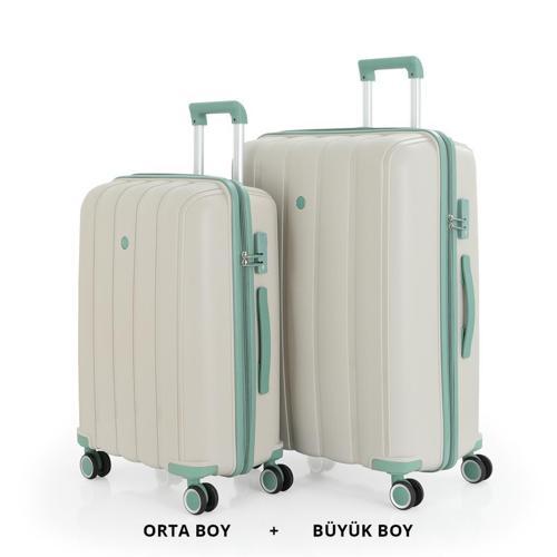 Bavul Büyük ve Orta 2li Set Kırılmaz Silikon Valiz V305 Kemik/SuYeşili