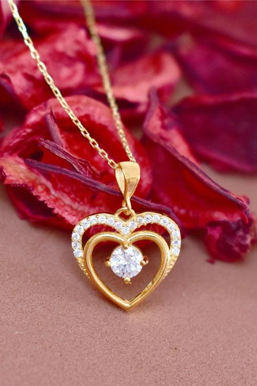 Çift Kalp Tektaş Gümüş Kolye Altın Kaplama