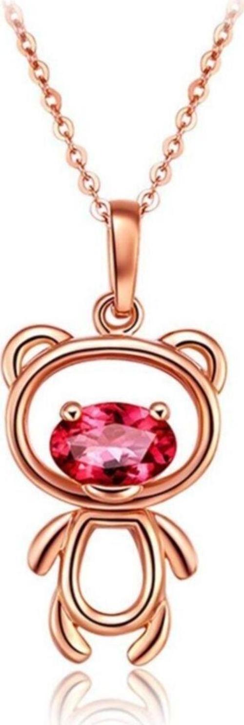 Ayıcık Gümüş Minik Kolye Rose Renk Kırmızı Taşlı