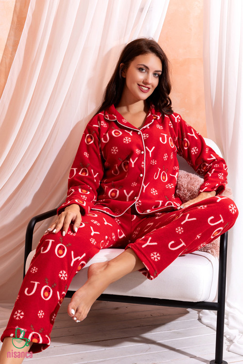 Kışlık Yılbaşı Desenli Kadın Gömlek Polar Pijama Takımı- Geyikli Yılbaşı Pijaması