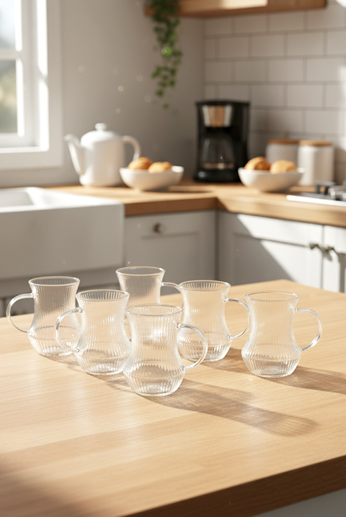 Verano 6'lı Kulplu Çizgili Cam Çay Bardağı