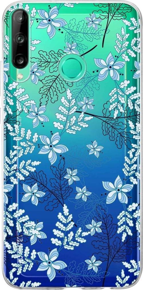 Huawei P40 Lite E Uyumlu Kapak Floral Mavi Tasarımlı Şeffaf Silikon Kılıf
