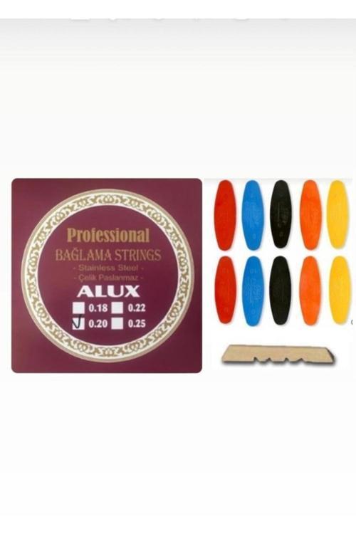 0.20 Paslanmaz Çelik Uzun Sap Bağlama Takım Teli + Profesyonel Numaralı Tezene Seti + Eşik