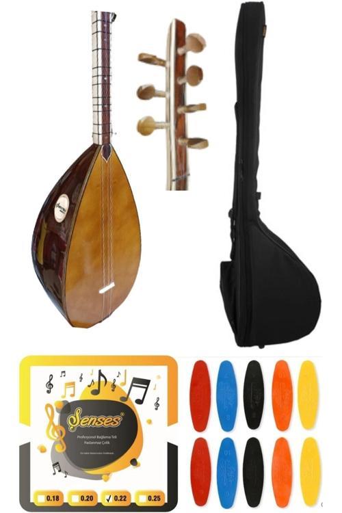 42 Tekne Ithal Kapak Klavyeli Kestane Uzun Sap Bağlama - Petli Kılıf - Divan Teli - Tezene 4'Lü Set