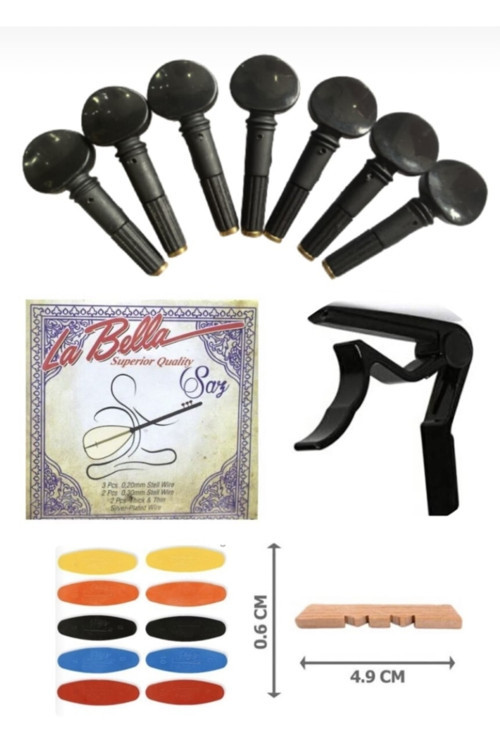 Müzik Tam Profesyonel Bağlama Seti + Vidalı Burgu + La Bella Tel + Numaralı Tezene + Eşik