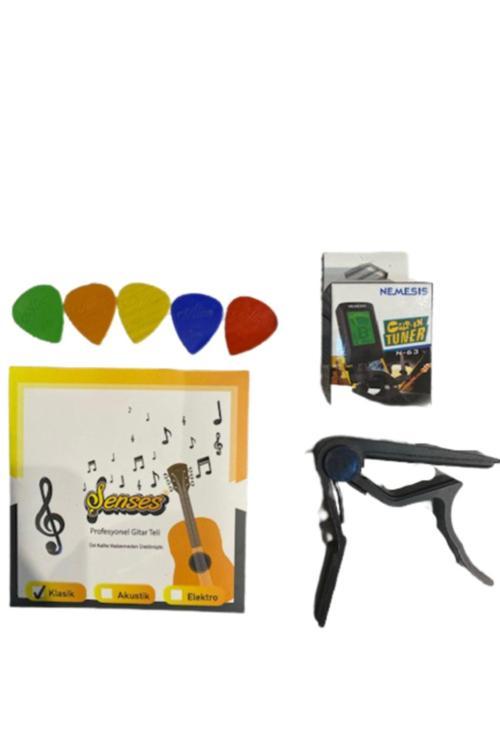 Müzik (4 Lü) Set Klasik Gitar Takım Tel + Metal Kapo + Akort Cihazı + 5 Adet Pena