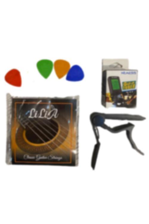 Müzik (4 Lü) Set Lilia Klasik Gitar Takım Tel + Metal Kapo + Akort Cihazı + 4 Adet Pena
