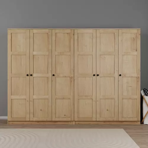 Lucas 6 Kapaklı, 12 Raf Bölmeli, Askılıklı Geniş Elbise Dolabı, Gardırop, Safir Meşe 190*270