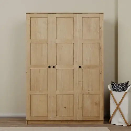 Lucas 3 Kapaklı, 6 Raf Bölmeli, Askılıklı Geniş Elbise Dolabı, Gardırop – Safir Meşe