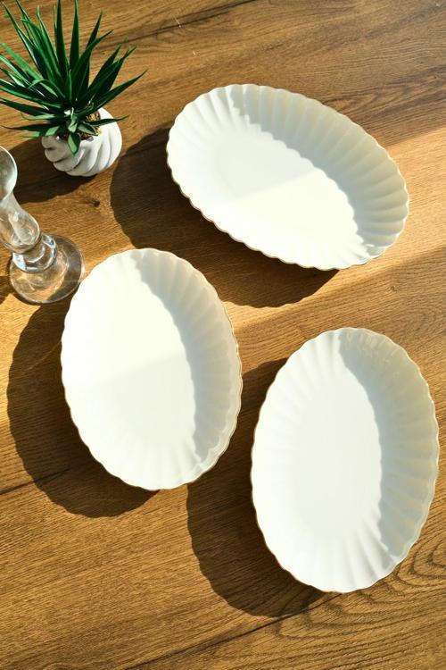 Bone Luz Form Kayık Tabak Seti Altın 3 Parça
