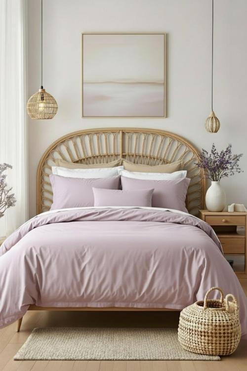 Düz Lila Çift Kişilik Lastikli Çarşaf Düğmeli Nevresim Takım %100 Pamuk 2 Adet Yastık Kılıf