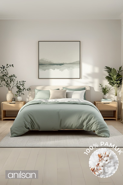 Düz Mint Yeşili Çift Kişilik Lastikli Çarşaf Düğmeli Nevresim Takım %100 Pamuk 2 Adet Yastık Kılıf