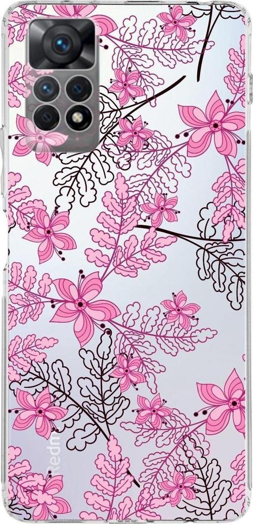 Xiaomi Redmi Note 11S Uyumlu Kamera Korumalı Kapak Floral Pembe Tasarımlı Şeffaf Kılıf