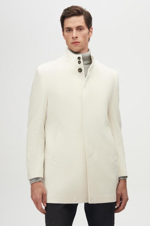 Regular Fit Ekru Hakim Yaka Kaşe Kaban