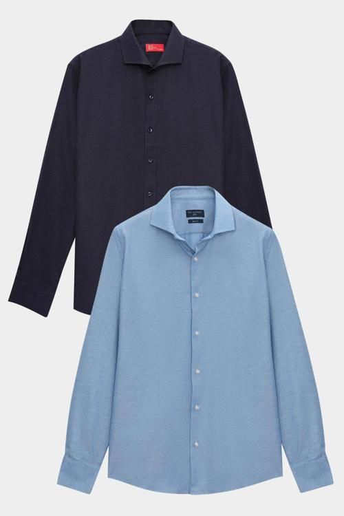 Slim Fit Koyu Mavi İtalyan Yaka Kolay Ütülenebilir 2'Li Gömlek