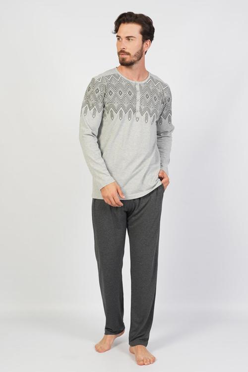 Erkek Düğmeli Uzun Kollu Büyük Beden Pijama Takımı