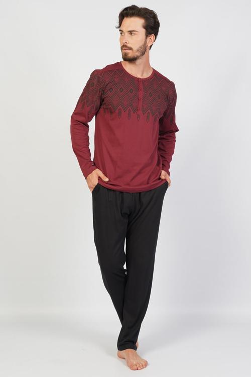 Erkek Jakarlı Düğmeli Uzun Kollu Büyük Beden Pijama Takımı