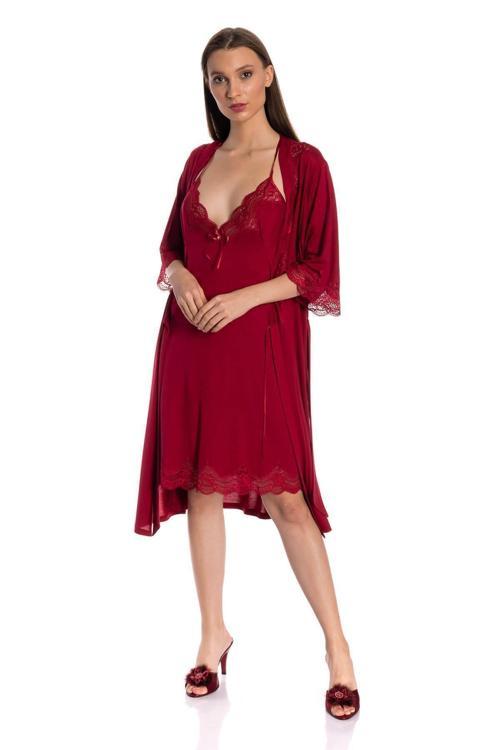 Kadın Bordo İkili Penye Gecelik Sabahlık Takım