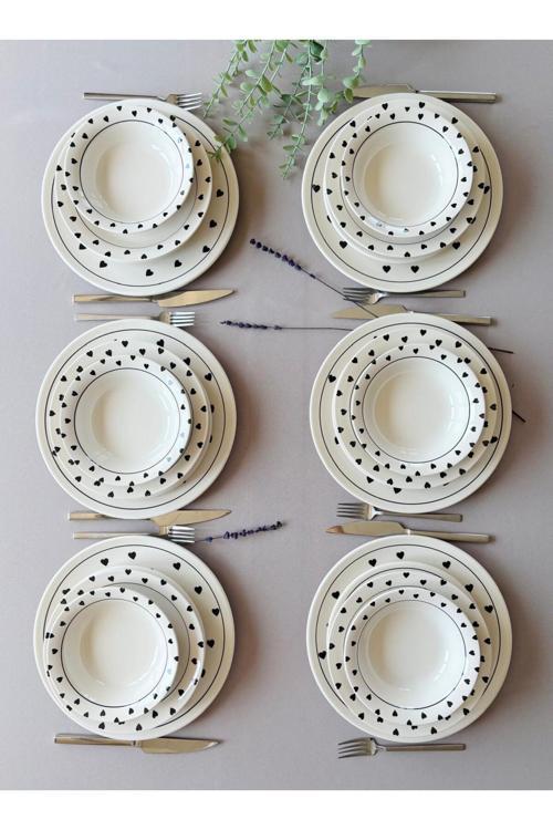 Siyah Kalp 6 Kişilik 24 Parça Modern Yemek Takımı
