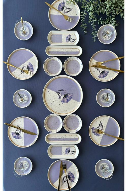 Poppy Model 6 Kişilik 21 Parça Tea Plate Kahvaltı Takımı (Purple)