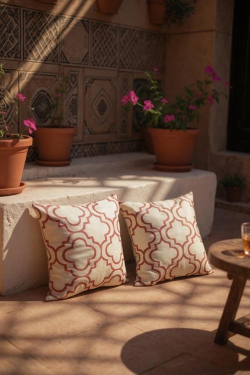 Frefly 2 Li Beyaz Zeminde Geometrik Motifli Bordo Desenli Dijital Baskılı Yastık Kırlent Kılıfı