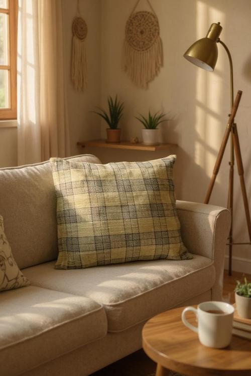 Frefly Ekoseli Keten Kumaş 43X43 Kare Kırlent Kılıfı